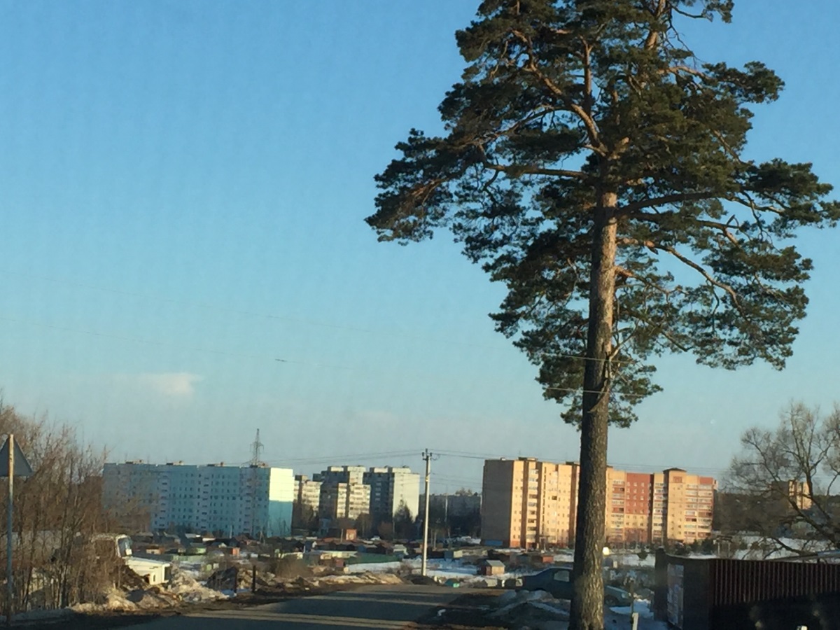 Вид на высотные дома поселка Глебовский от улицы Зеленая в Глебово
